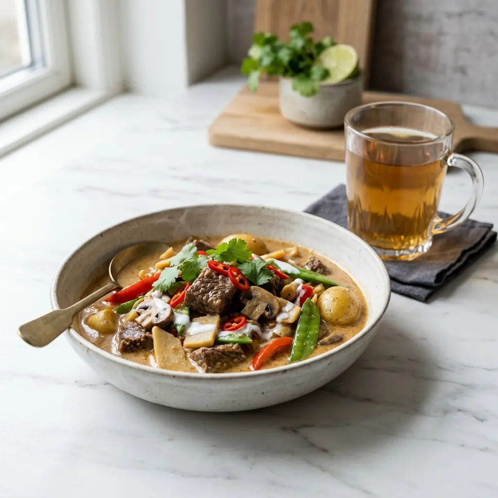 Nötköttsgryta med kokosmjölk serverad varm i skål med mört nötkött och krämig sås