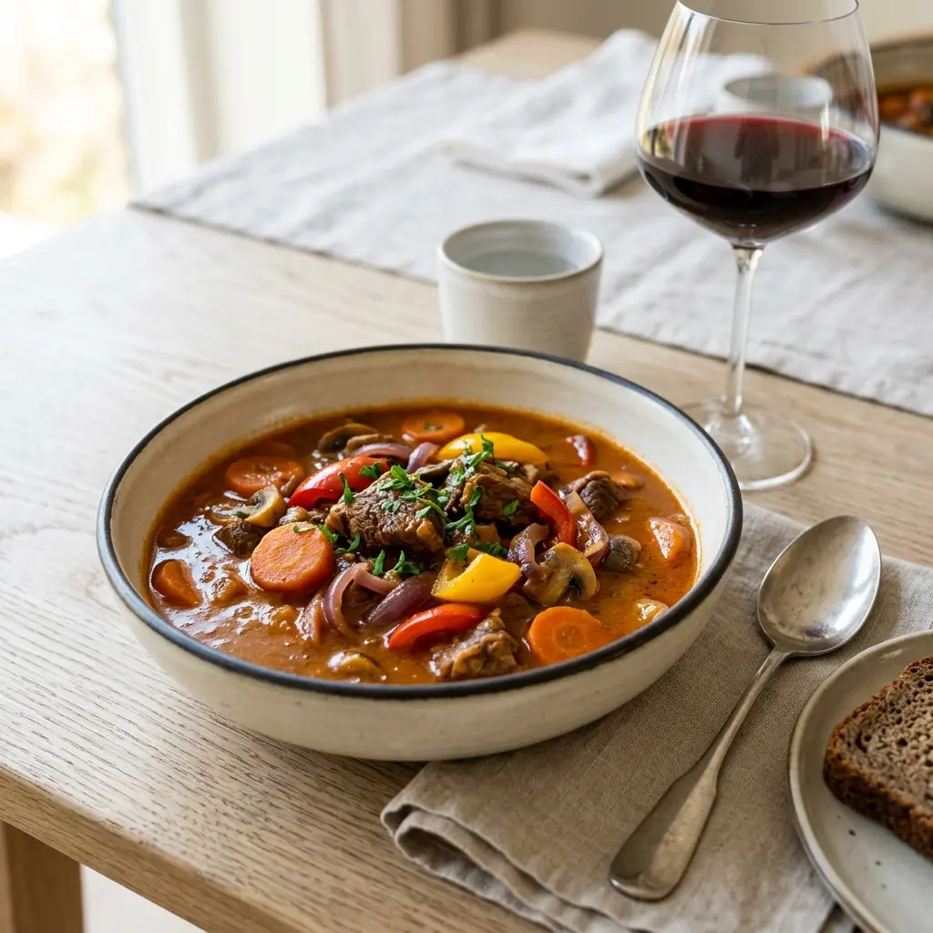 Nylagad nötköttsgryta med paprika serverad på ett aptitligt och hemlagat sätt