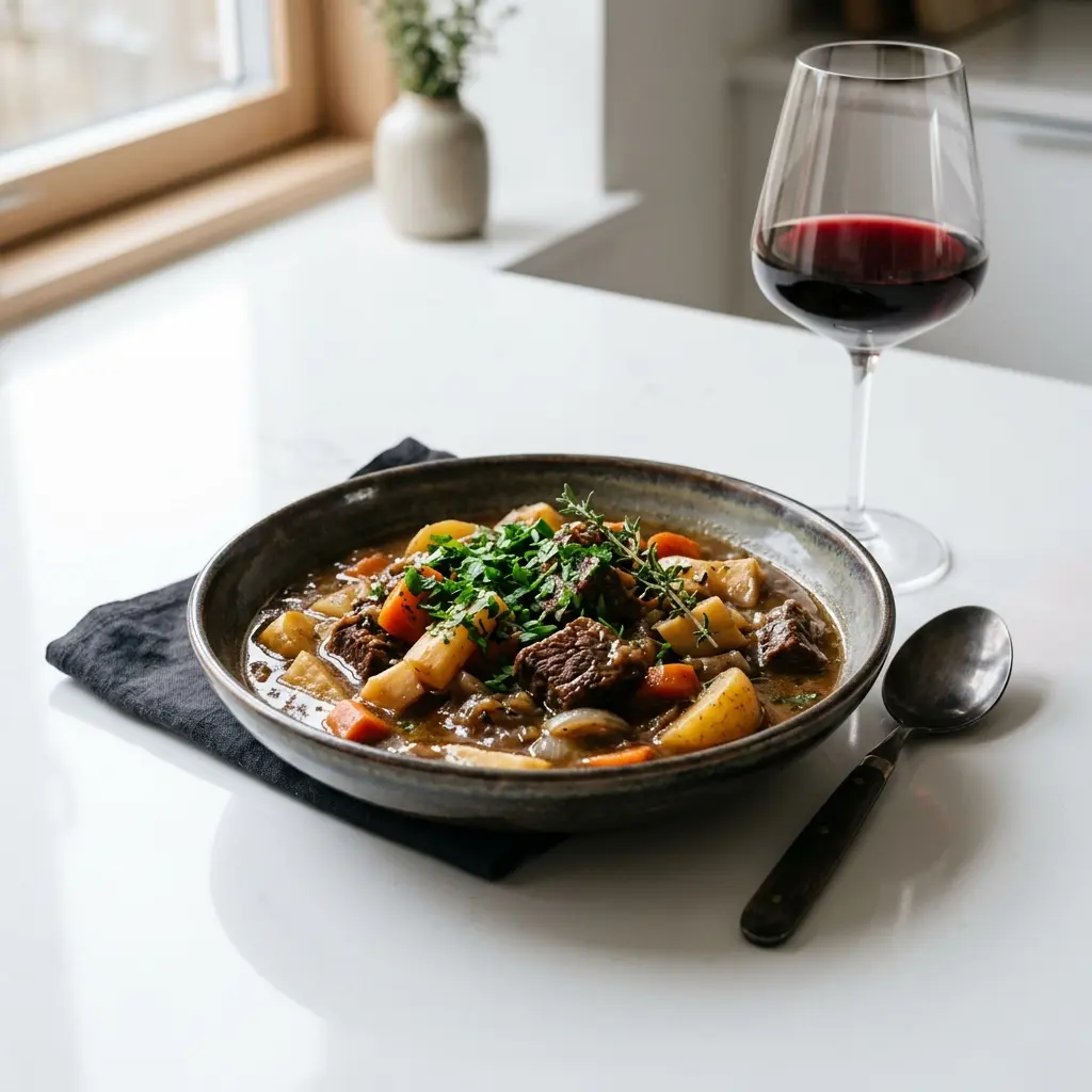 Ett glas nötköttsgryta med rotfrukter serverat kallt och fräscht med enkel garnering