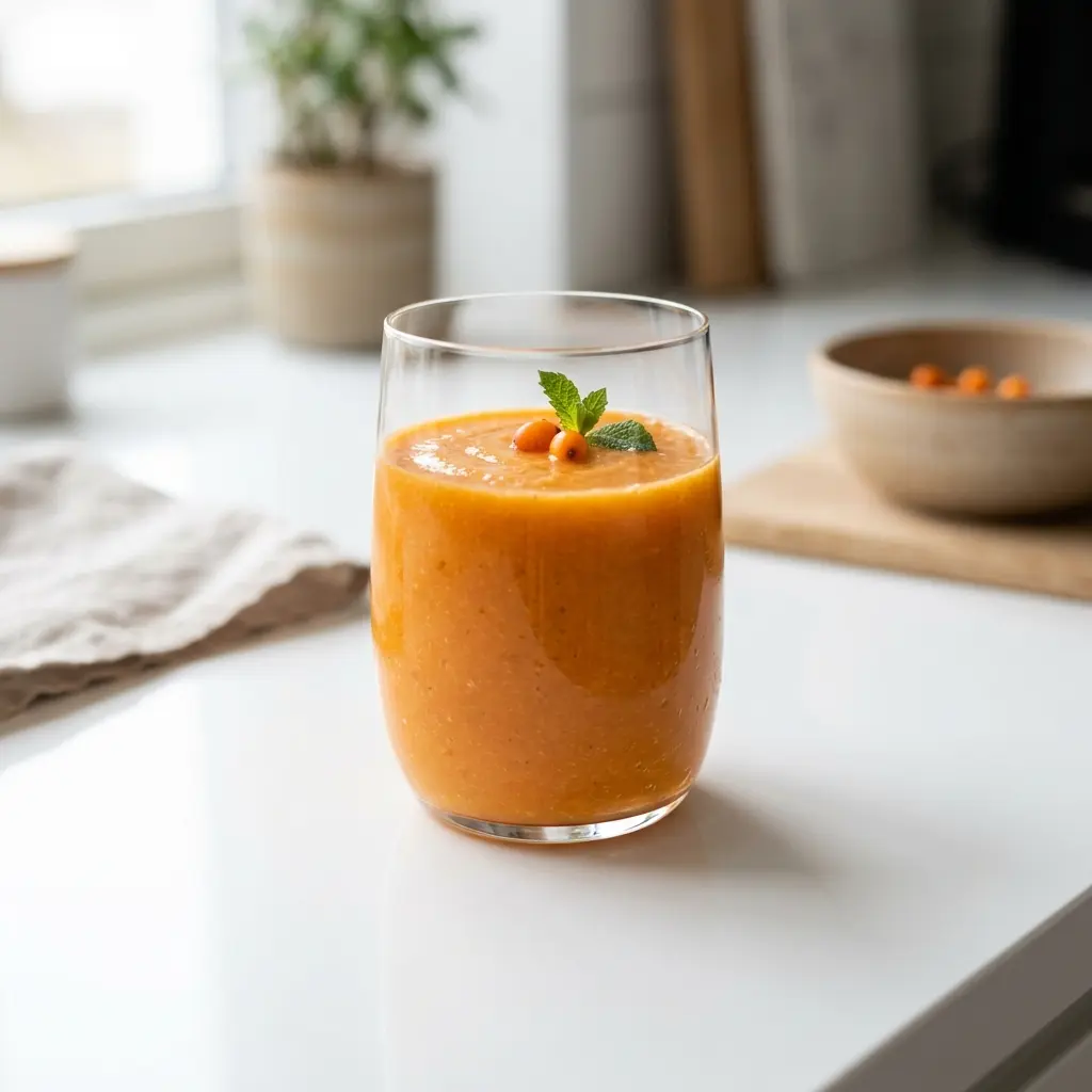 Ett glas nyttig smoothie serverat kallt och fräscht med enkel garnering