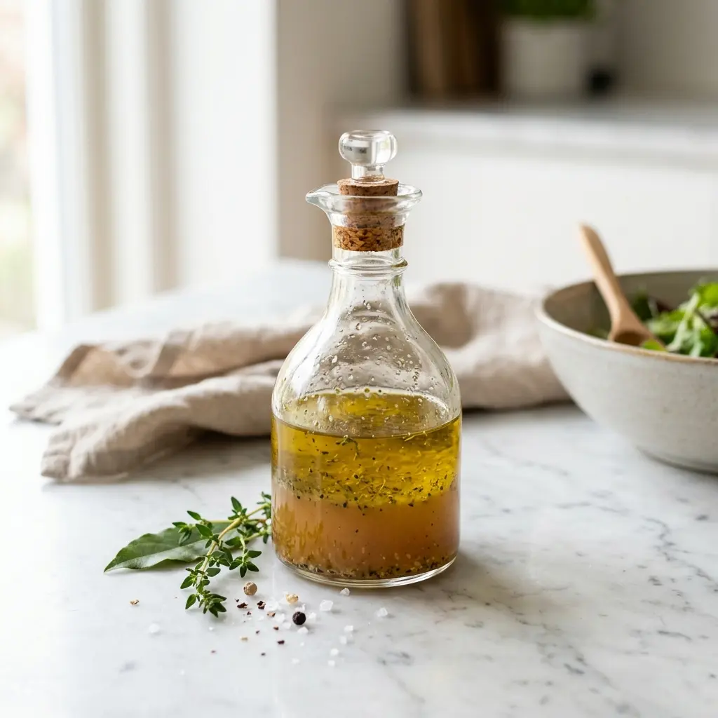 En skål med olja- och vinägerdressing klar att servera som smakrikt tillbehör