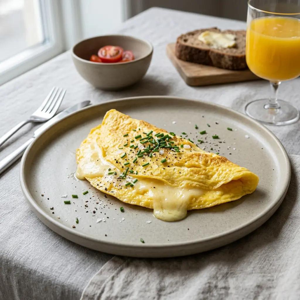 Nylagad omelett med ost serverad på ett aptitligt och hemlagat sätt