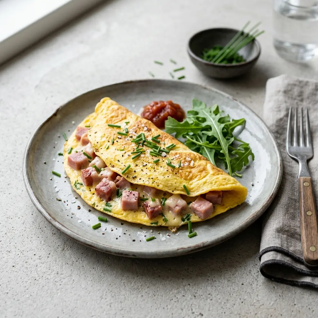 Nylagad omelett med skinka serverad på ett aptitligt och hemlagat sätt
