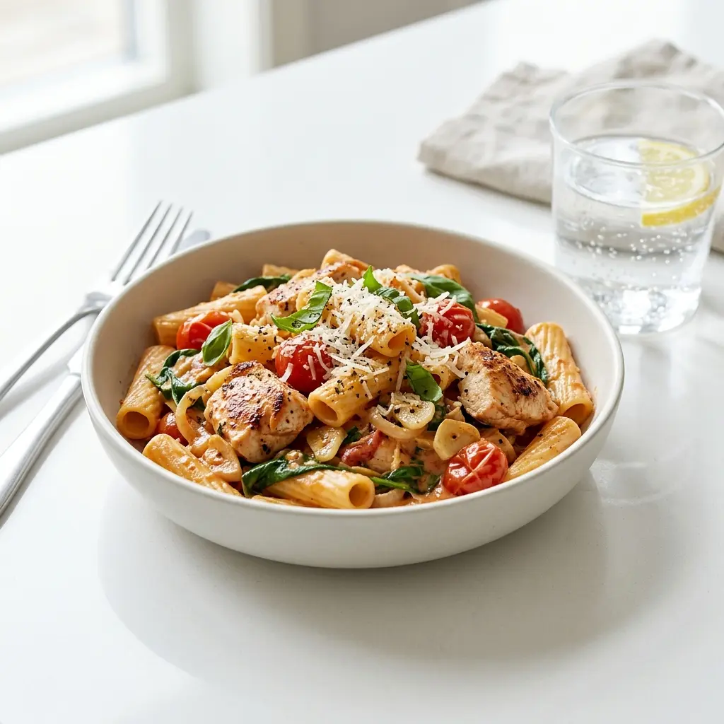 Nylagad one pot-pasta med kyckling serverad på ett aptitligt och hemlagat sätt