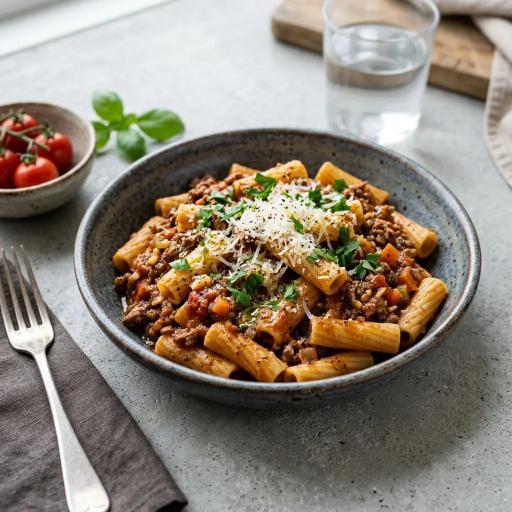 Nylagad one pot-pasta med nötkött serverad på ett aptitligt och hemlagat sätt