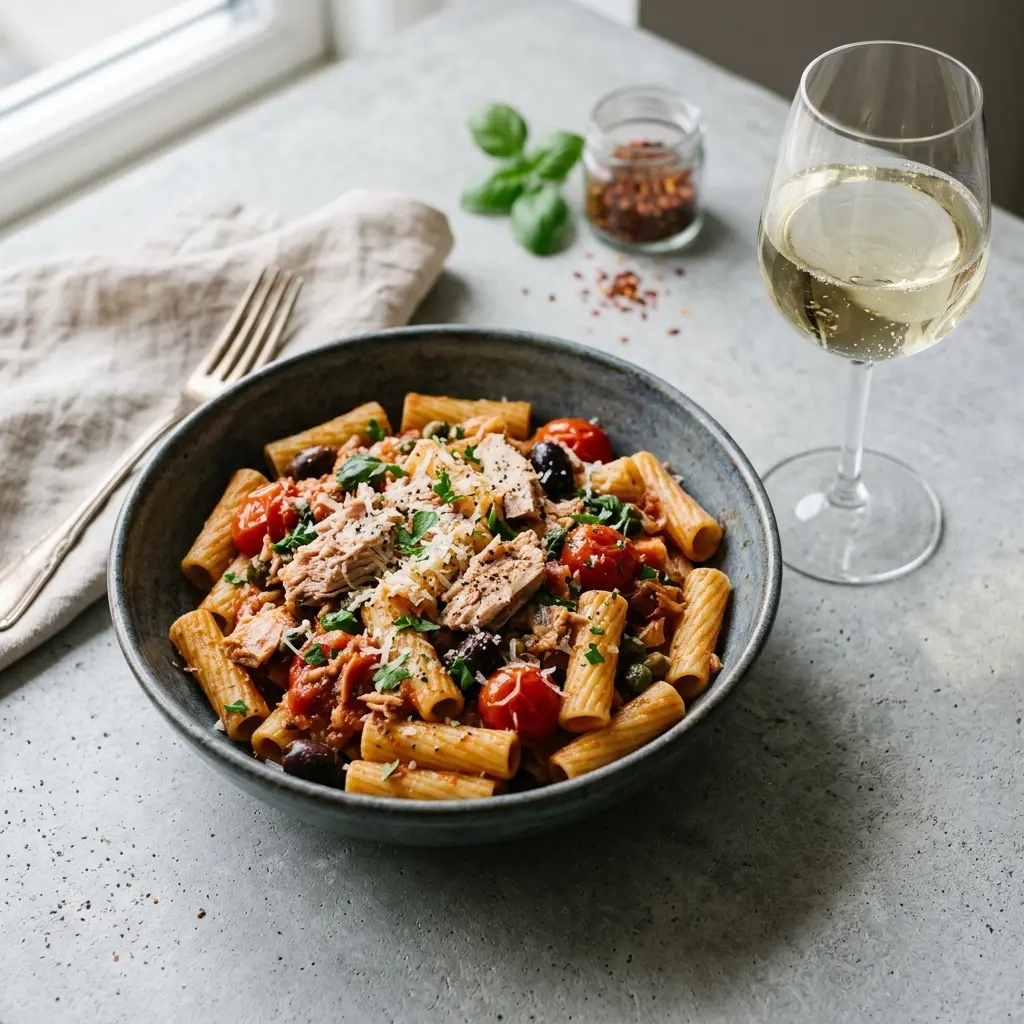 Nylagad one pot-pasta med tonfisk serverad på ett aptitligt och hemlagat sätt