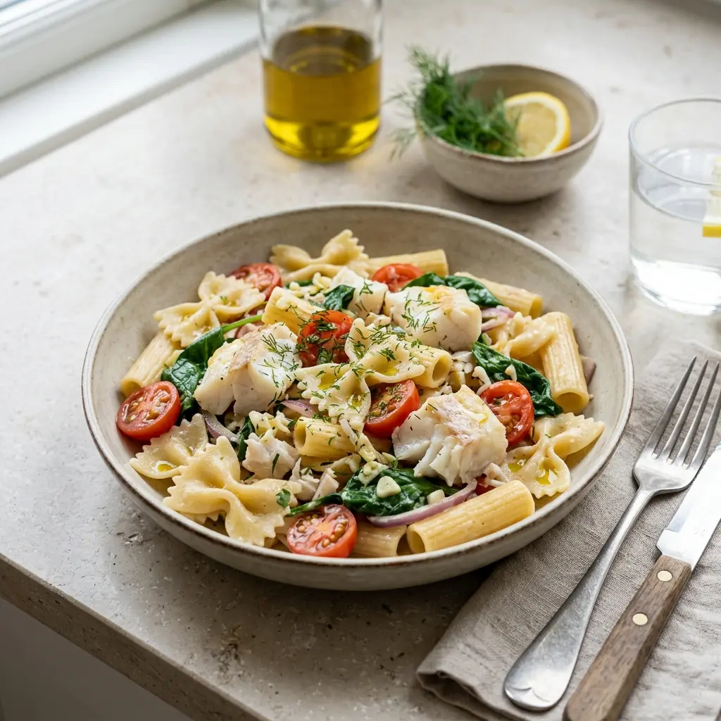 Nylagad one pot-pasta med torsk serverad på ett aptitligt och hemlagat sätt