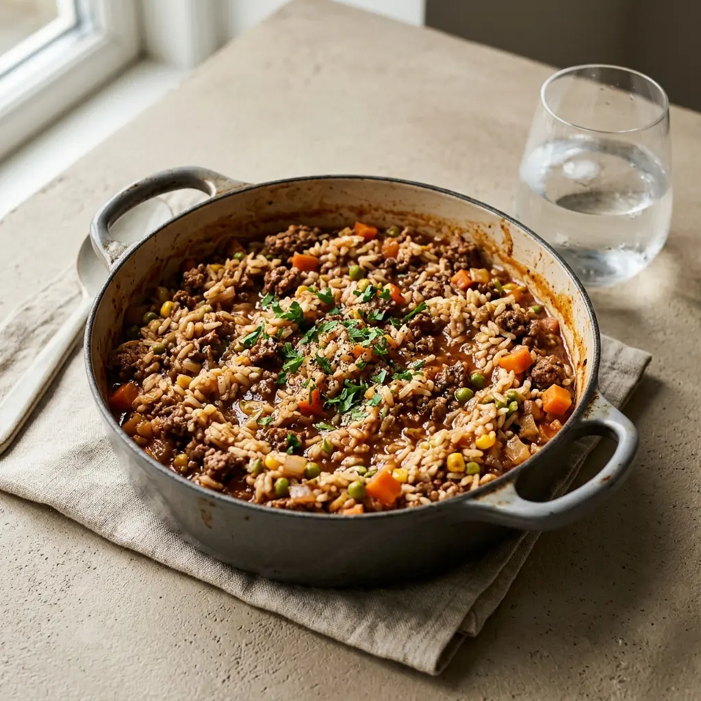 Nylagad one pot-ris med nötkött serverad på ett aptitligt och hemlagat sätt