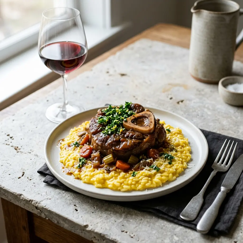 Nylagad osso buco med risotto serverad på ett aptitligt och hemlagat sätt