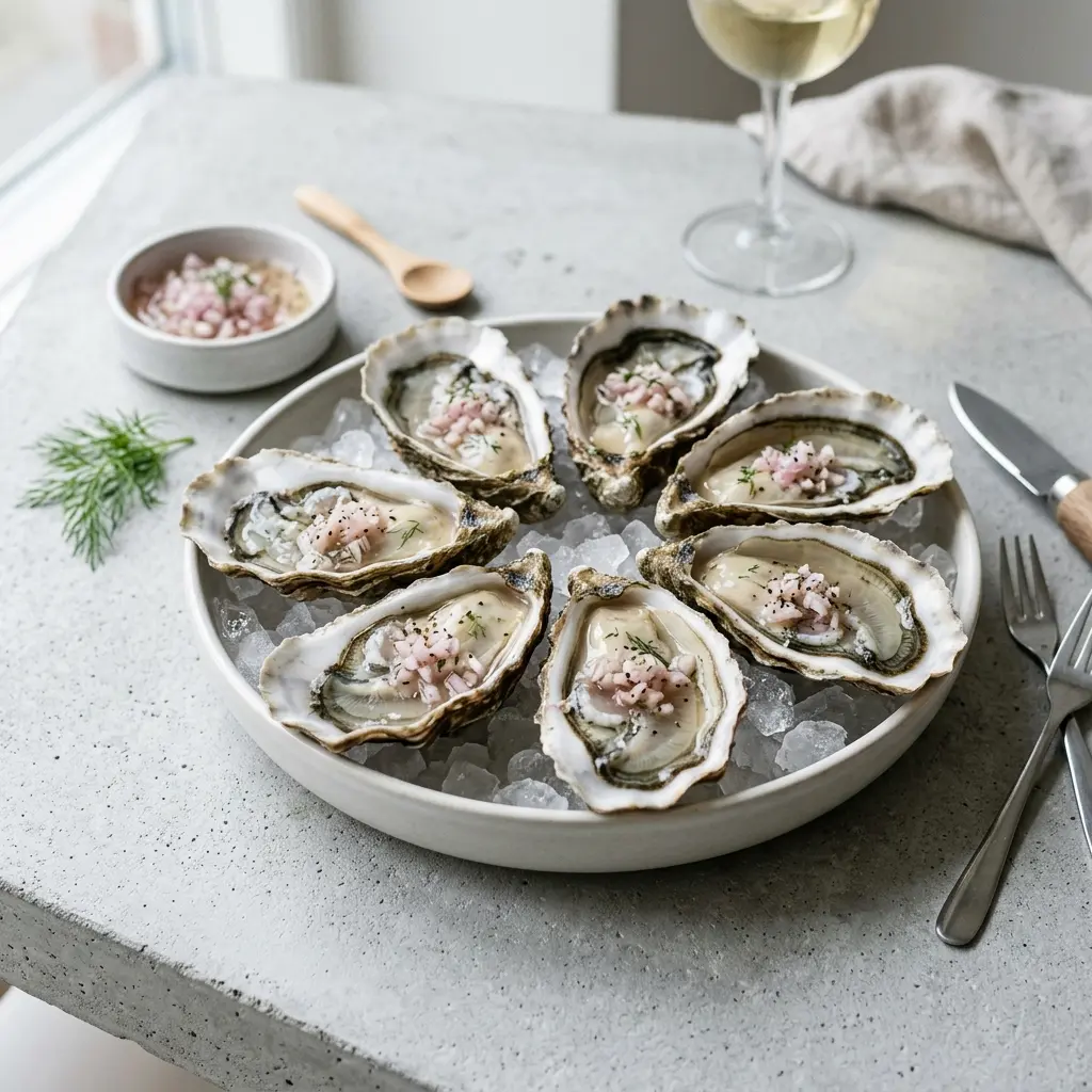 Ett glas ostron med schalottenlök serverat kallt och fräscht med enkel garnering