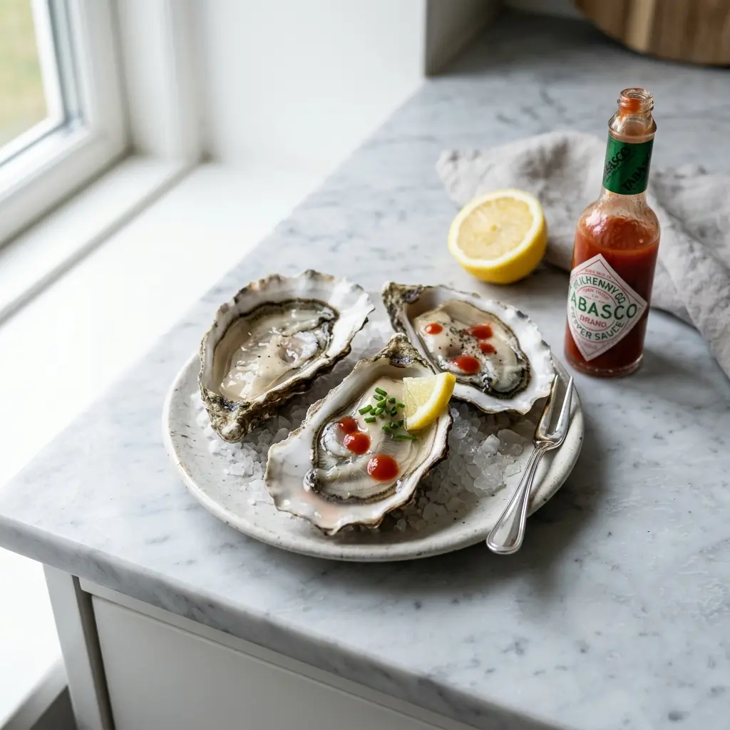 Nylagad ostron med tabasco serverad på ett aptitligt och hemlagat sätt