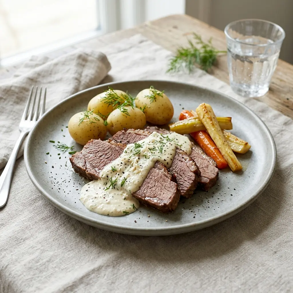 En skål med oxbringa med pepparrotssås klar att servera som smakrikt tillbehör