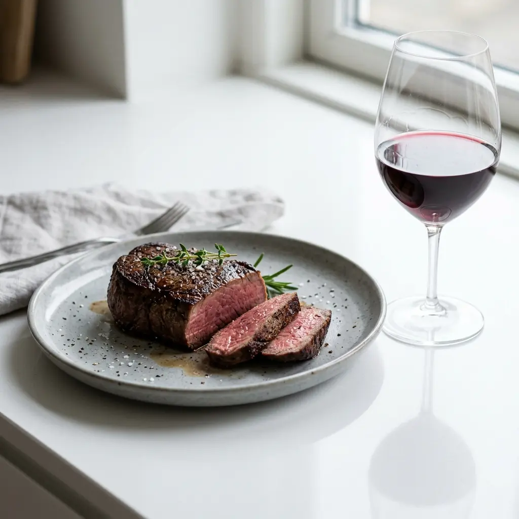Ett glas oxfilé i stekpanna serverat kallt och fräscht med enkel garnering