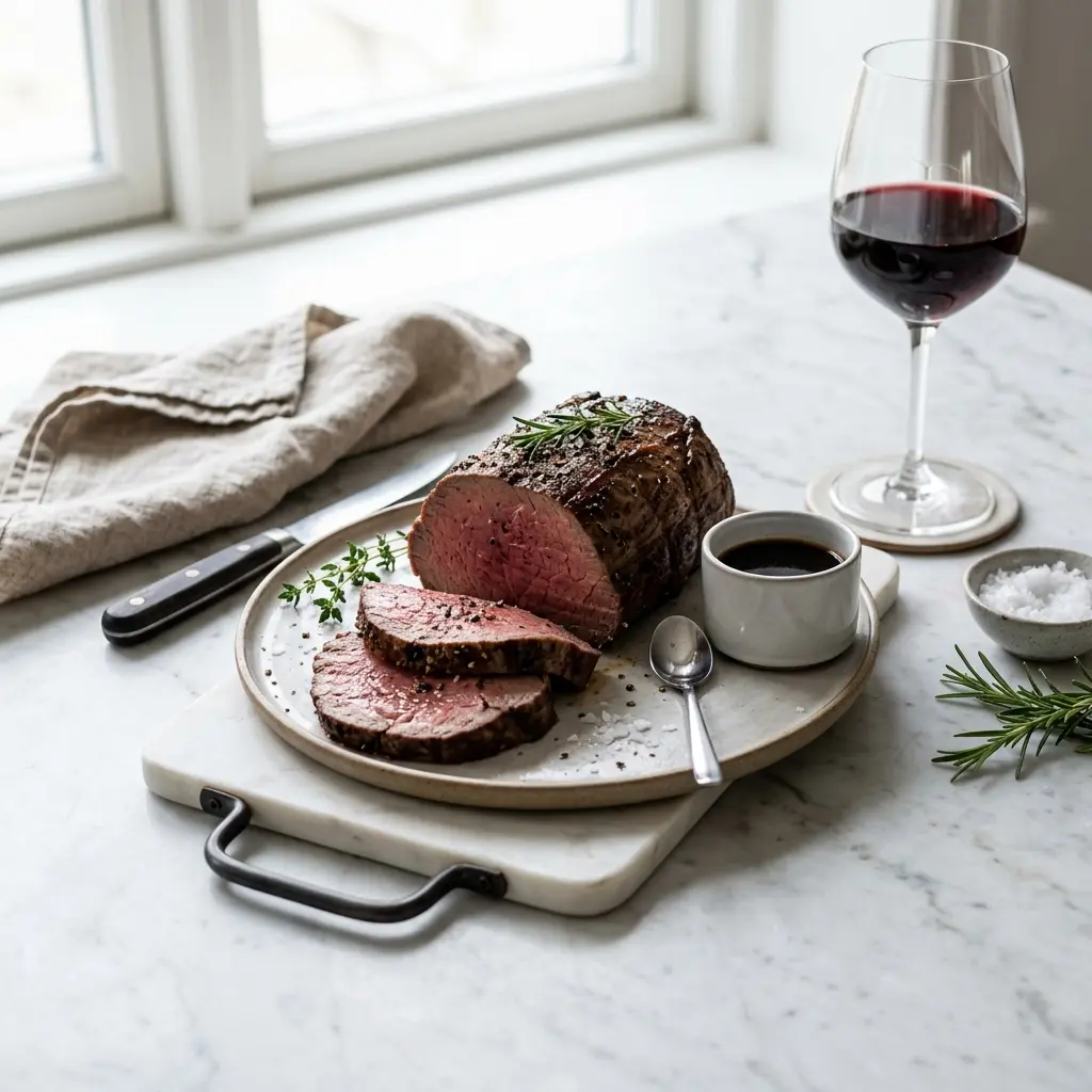 Nylagad oxfilé i ugn serverad på ett aptitligt och hemlagat sätt
