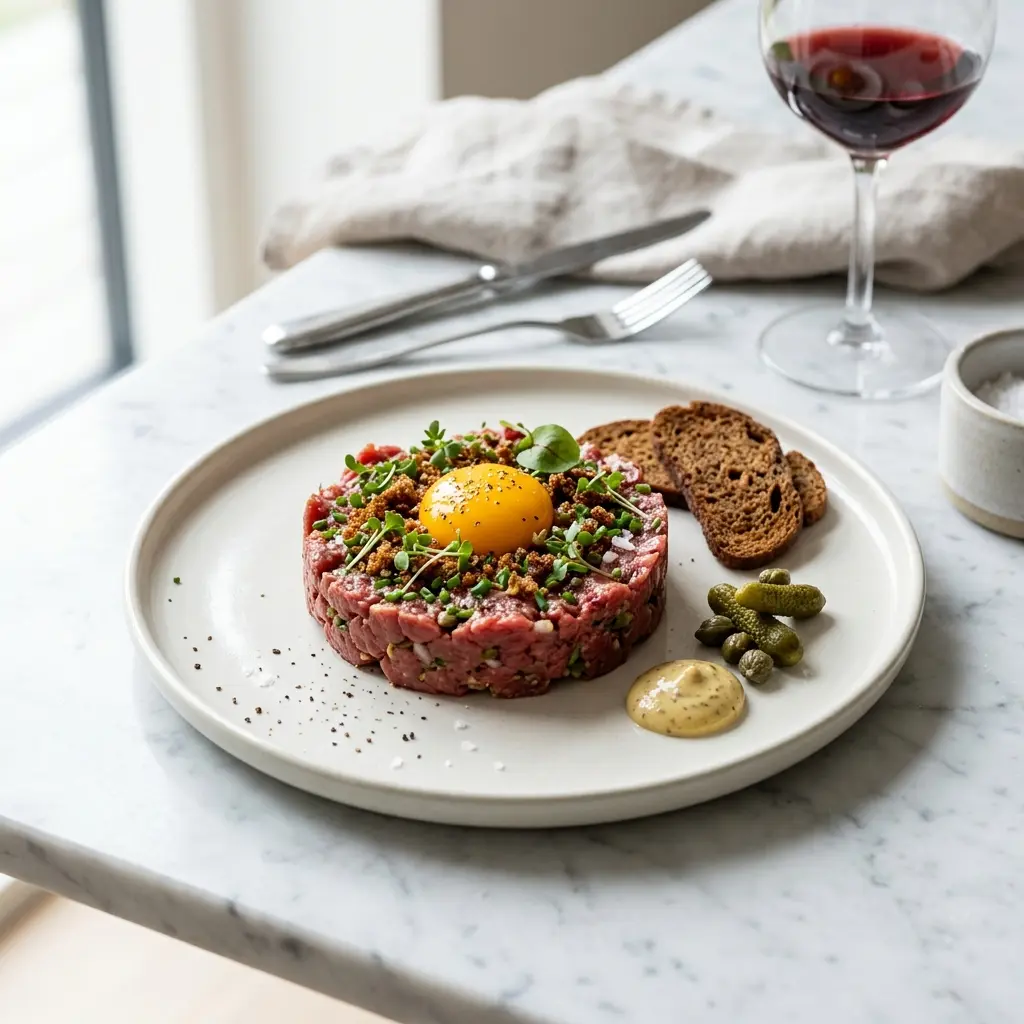 Hemlagad oxfilétartar serverad som en söt och inbjudande dessert