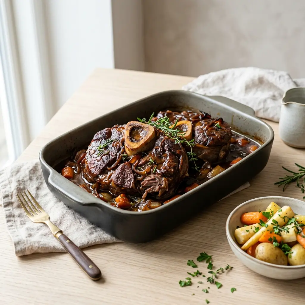 Nylagad oxlägg i ugn serverad på ett aptitligt och hemlagat sätt