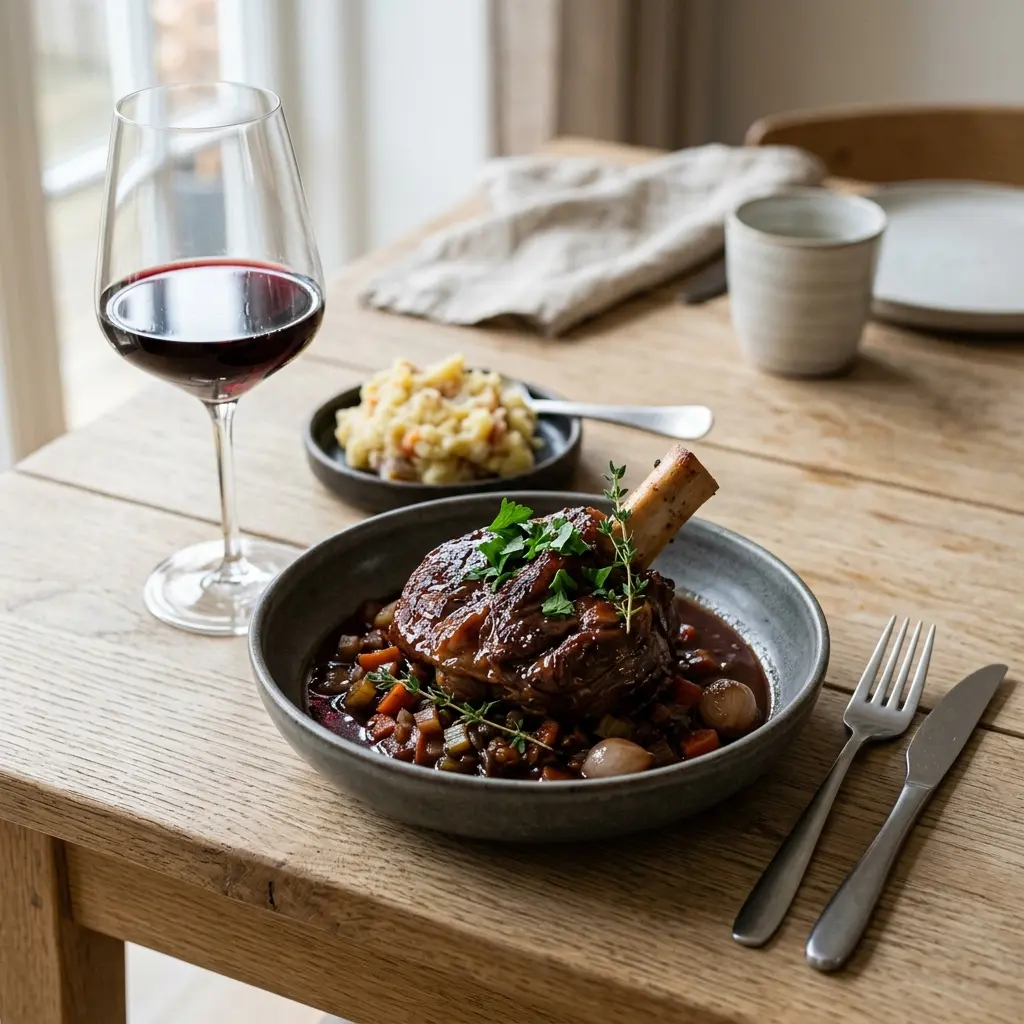 Nylagad oxlägg med rödvin serverad på ett aptitligt och hemlagat sätt