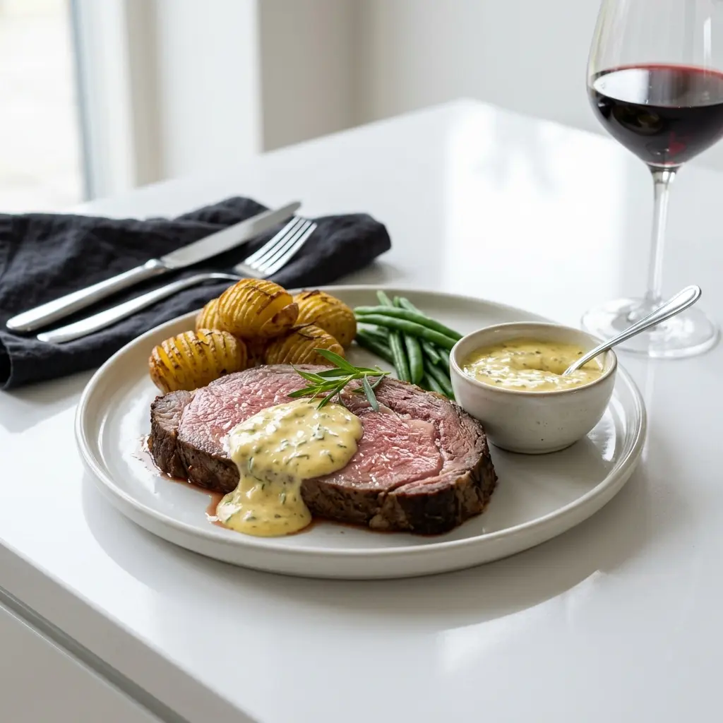 Ett glas oxstek med bearnaisesås serverat kallt och fräscht med enkel garnering