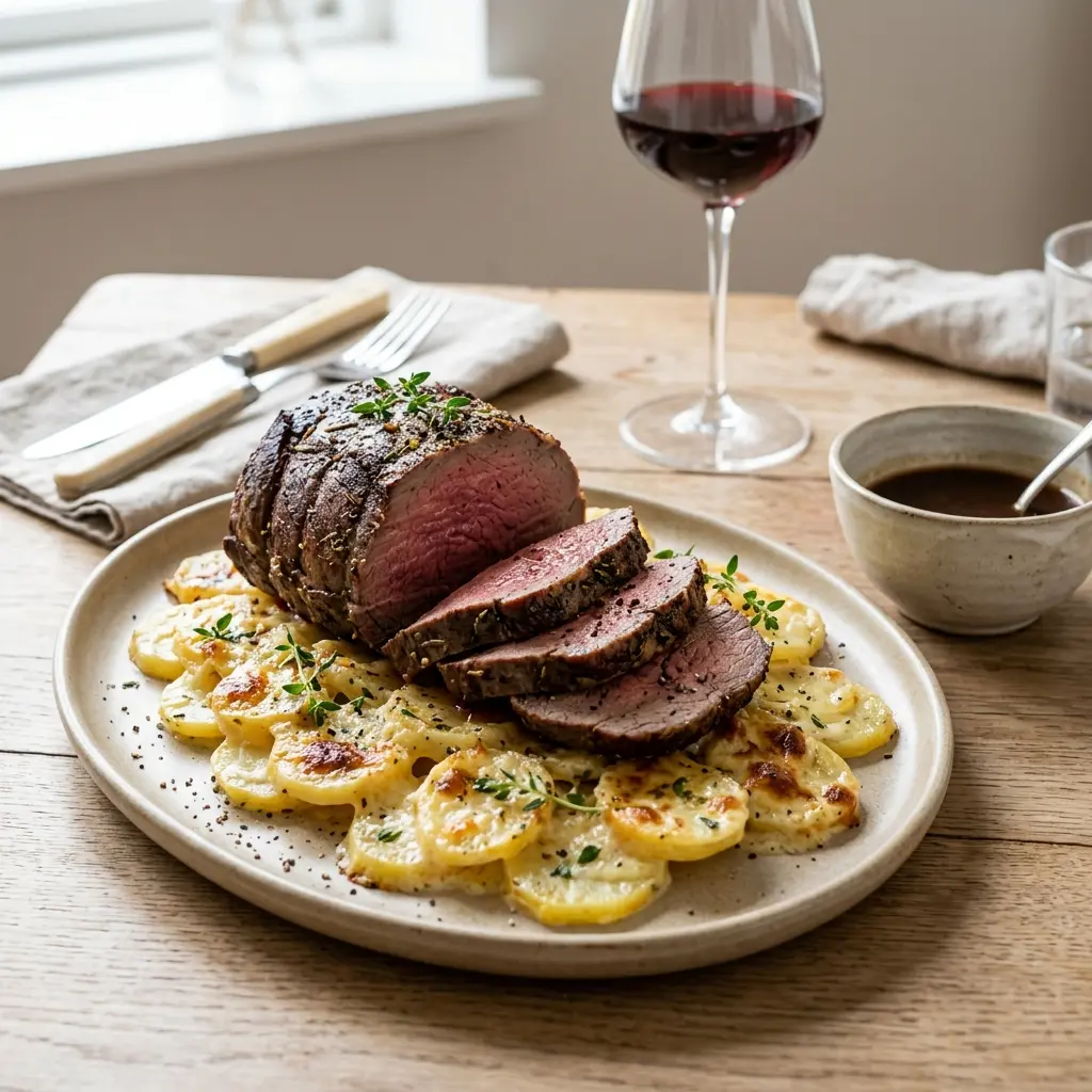 Ett glas oxstek med potatisgratäng serverat kallt och fräscht med enkel garnering