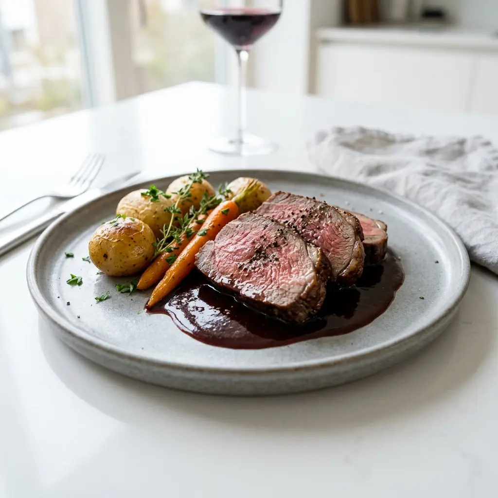 Ett glas oxstek med rödvinssås serverat kallt och fräscht med enkel garnering