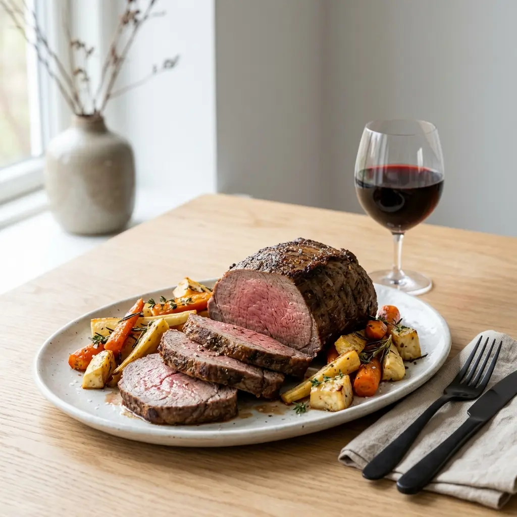 Ett glas oxstek med rotfrukter serverat kallt och fräscht med enkel garnering