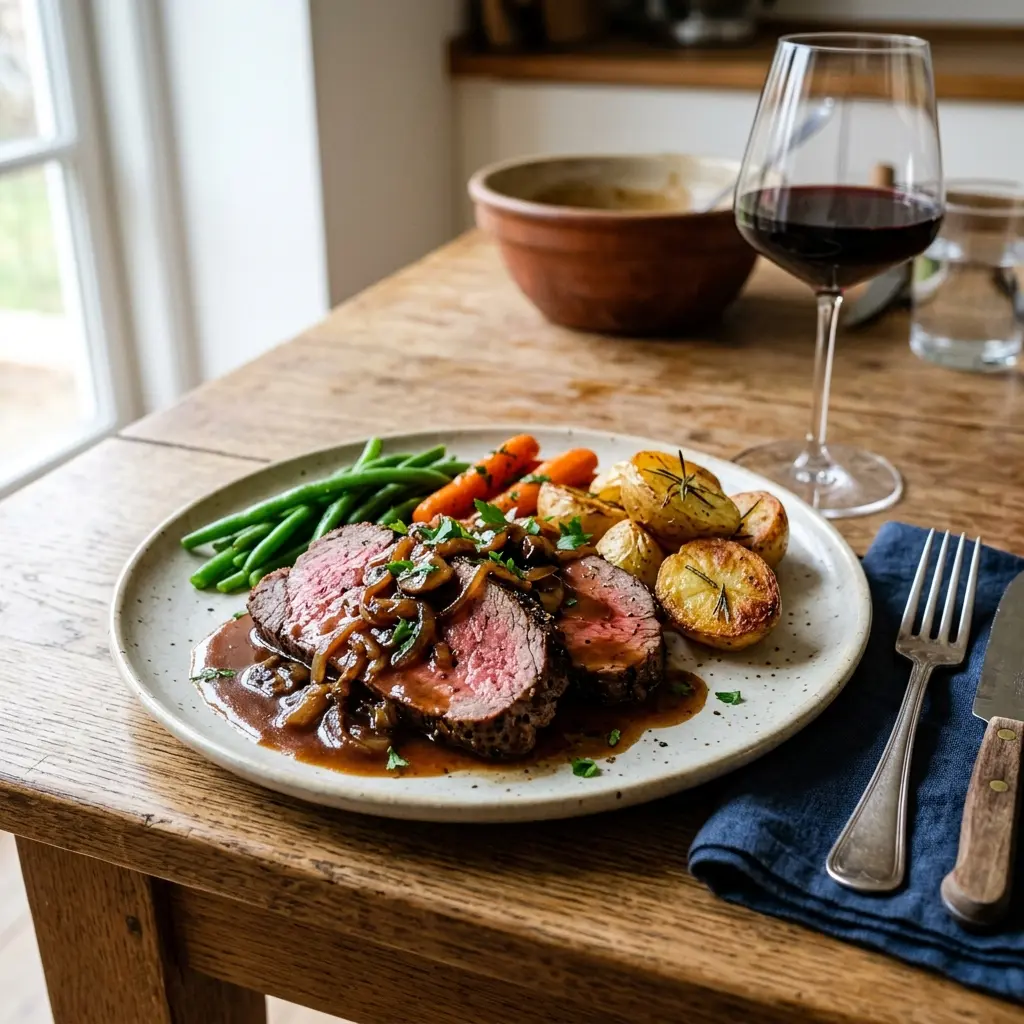 Ett glas oxstek med skysås serverat kallt och fräscht med enkel garnering