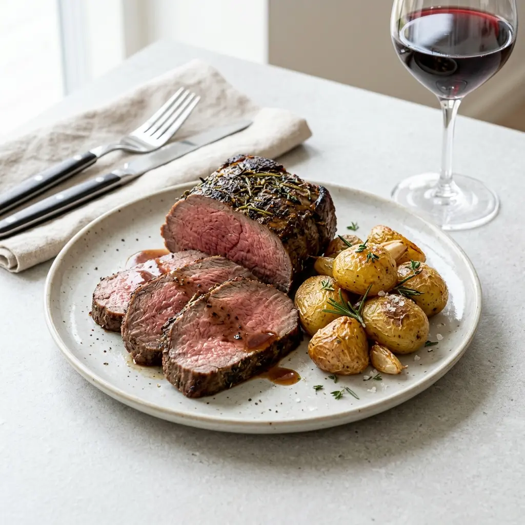 Ett glas oxstek med ugnsrostad potatis serverat kallt och fräscht med enkel garnering