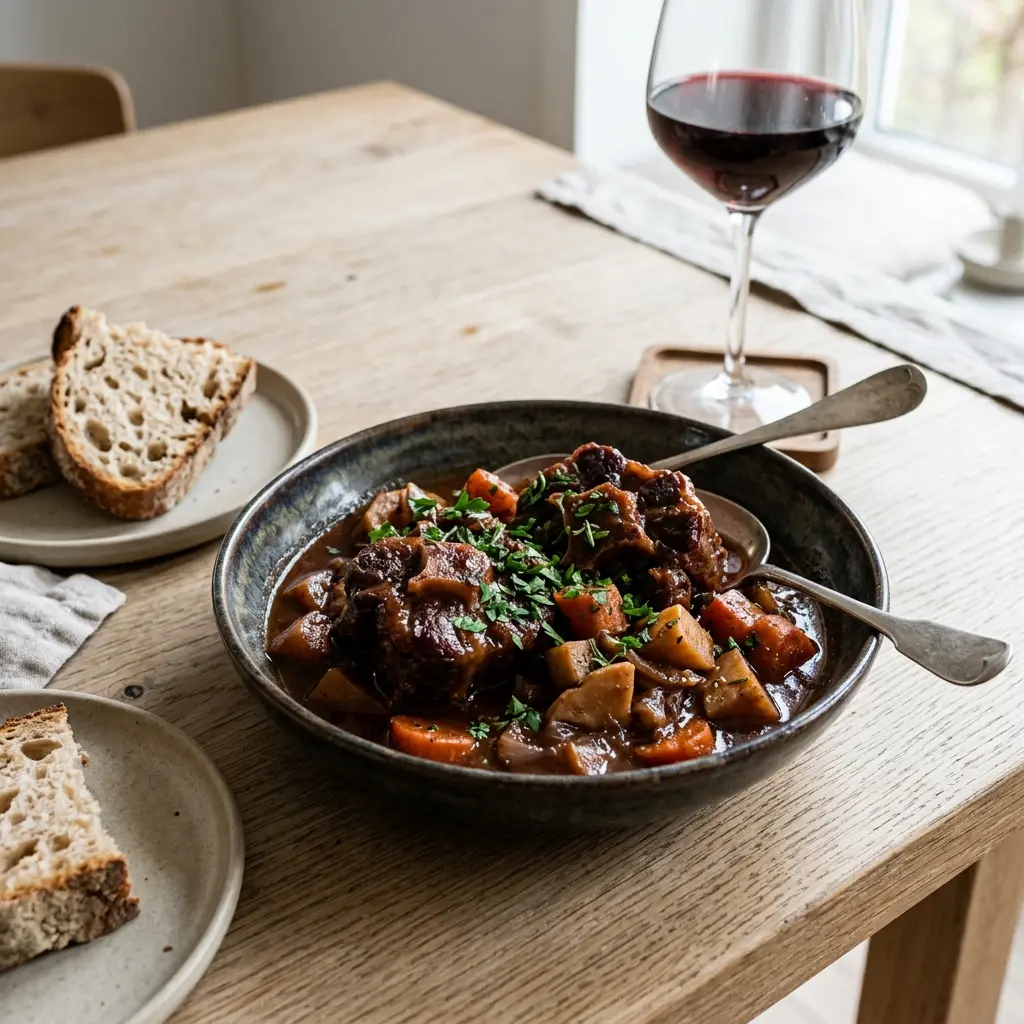 Nylagad oxsvans i rödvin serverad på ett aptitligt och hemlagat sätt