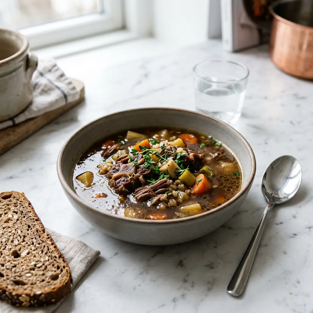 En varm skål oxsvanssoppa serverad med ett inbjudande och hemlagat uttryck