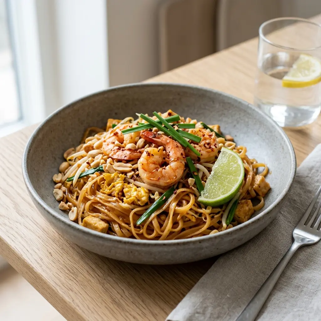 Nylagad pad thai med räkor serverad på ett aptitligt och hemlagat sätt