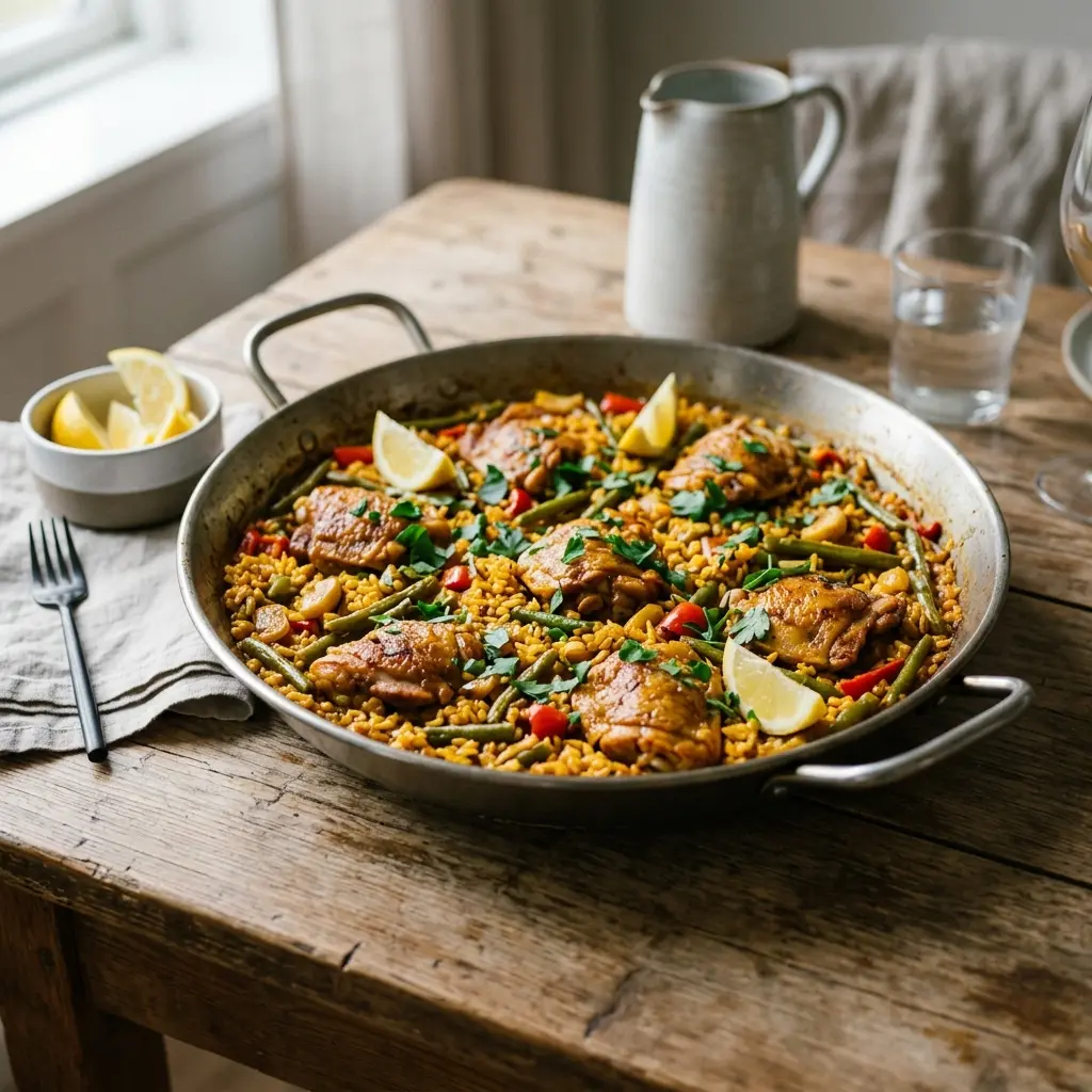 Nylagad paella med kyckling serverad på ett aptitligt och hemlagat sätt