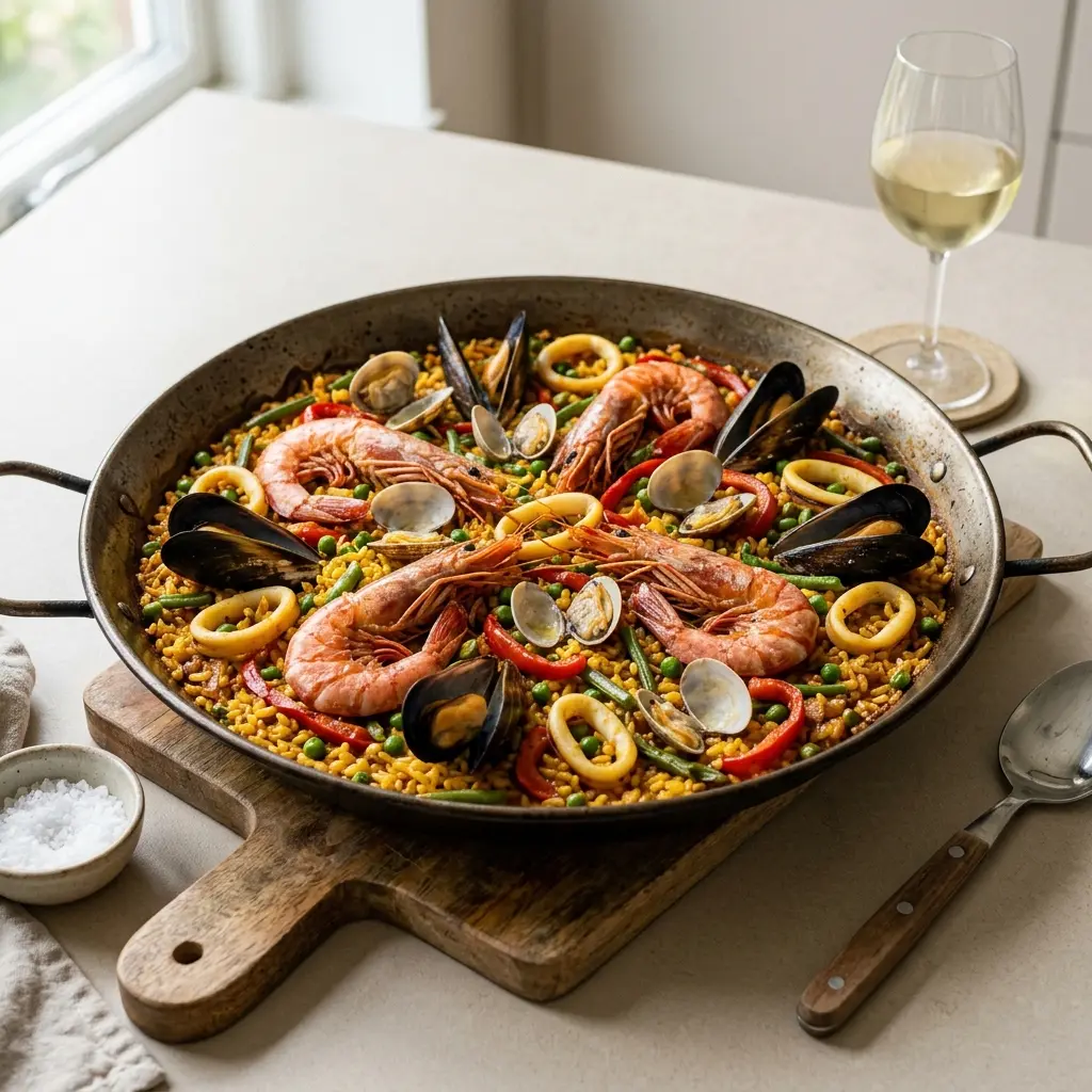 Nylagad paella med skaldjur serverad på ett aptitligt och hemlagat sätt