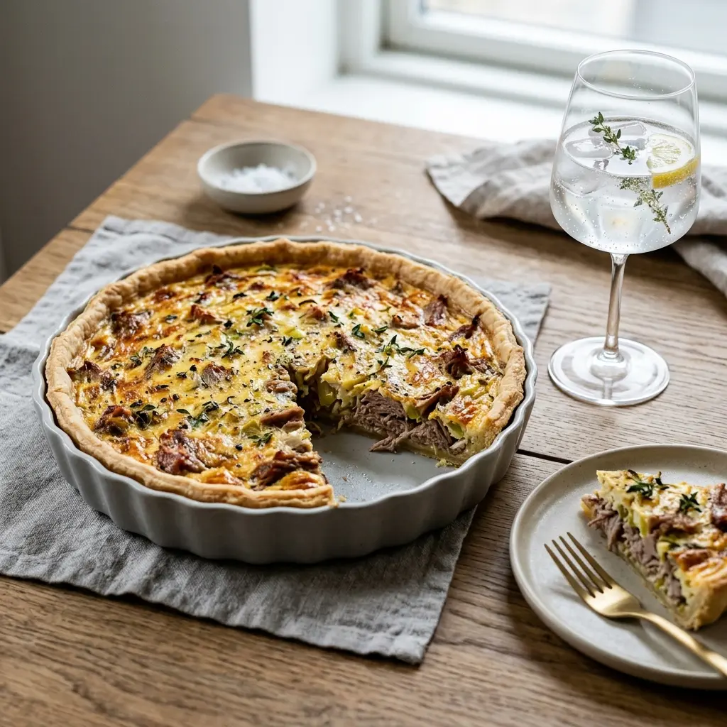Hemlagad paj med anka och purjolök serverad som en söt och inbjudande dessert