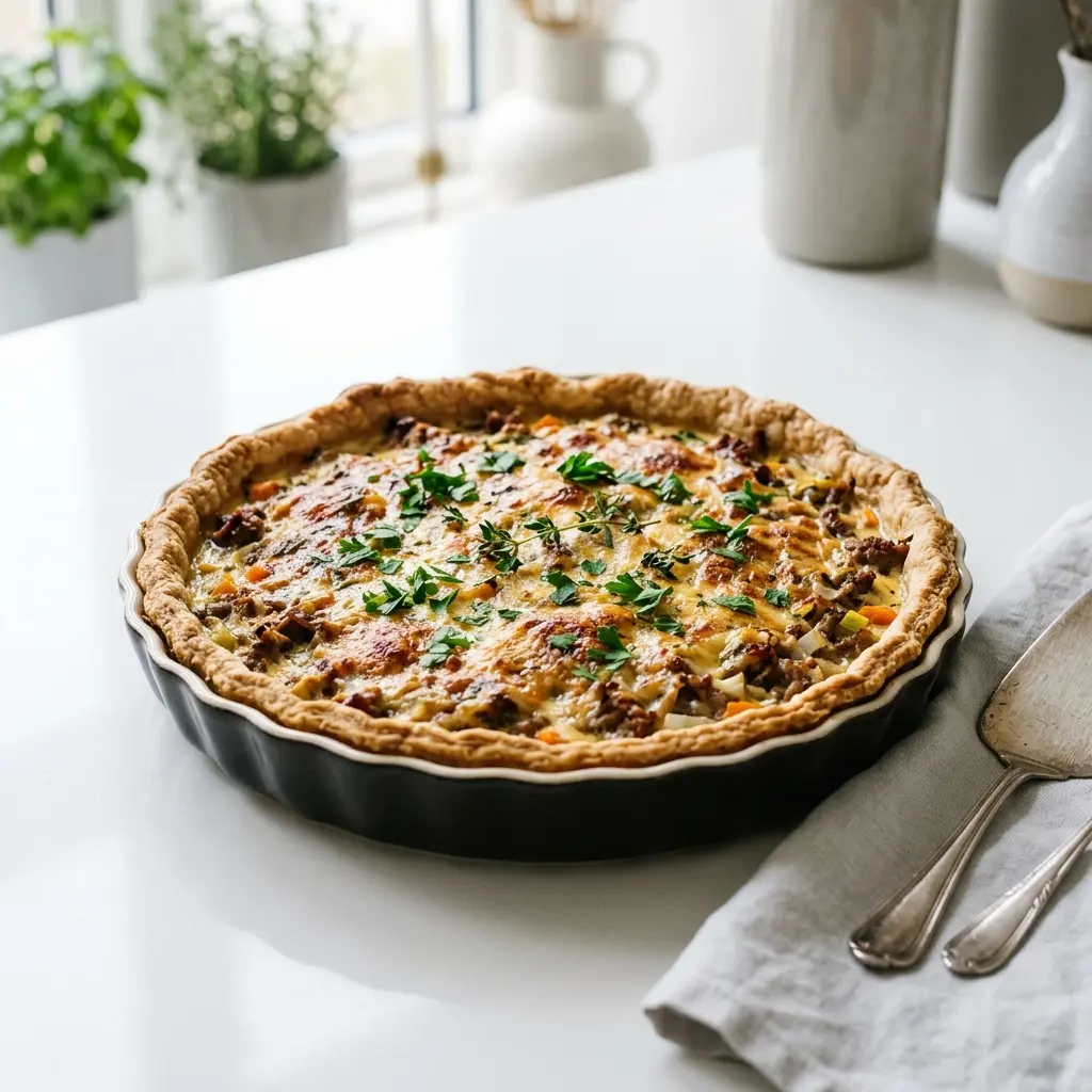 Hemlagad paj med fläskfärs serverad som en söt och inbjudande dessert