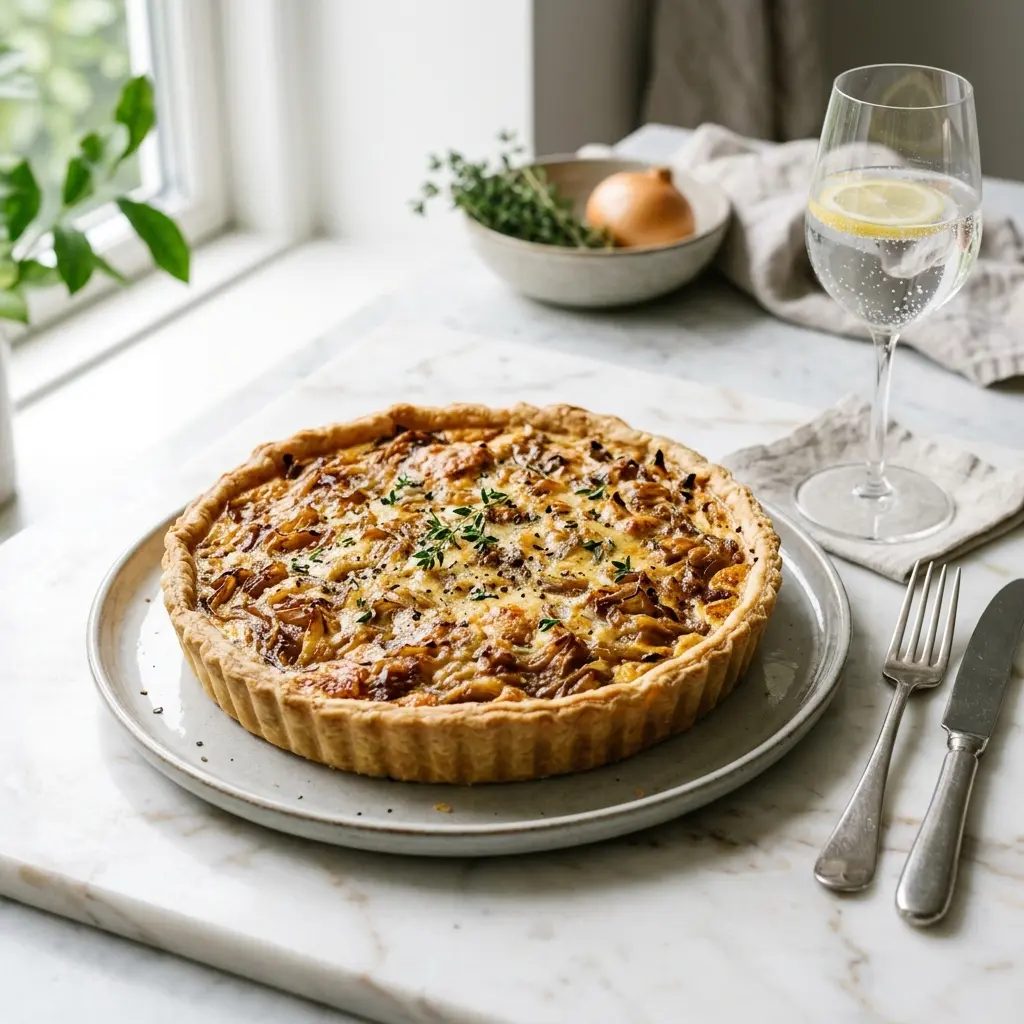 Hemlagad paj med lök serverad som en söt och inbjudande dessert