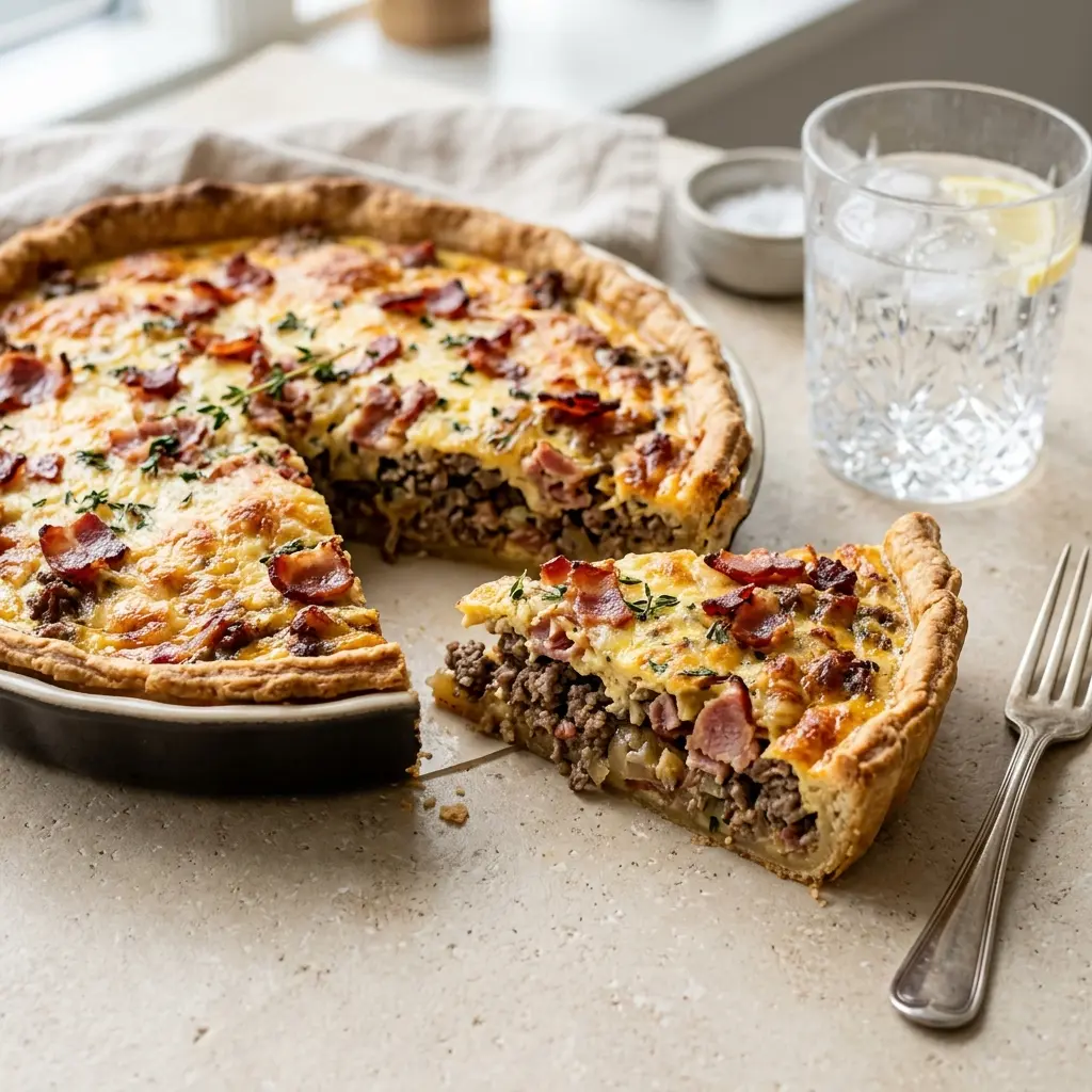 Hemlagad paj med nötkött och bacon serverad som en söt och inbjudande dessert