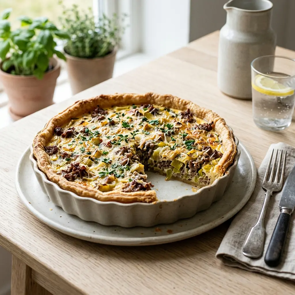 Hemlagad paj med nötkött och purjolök serverad som en söt och inbjudande dessert