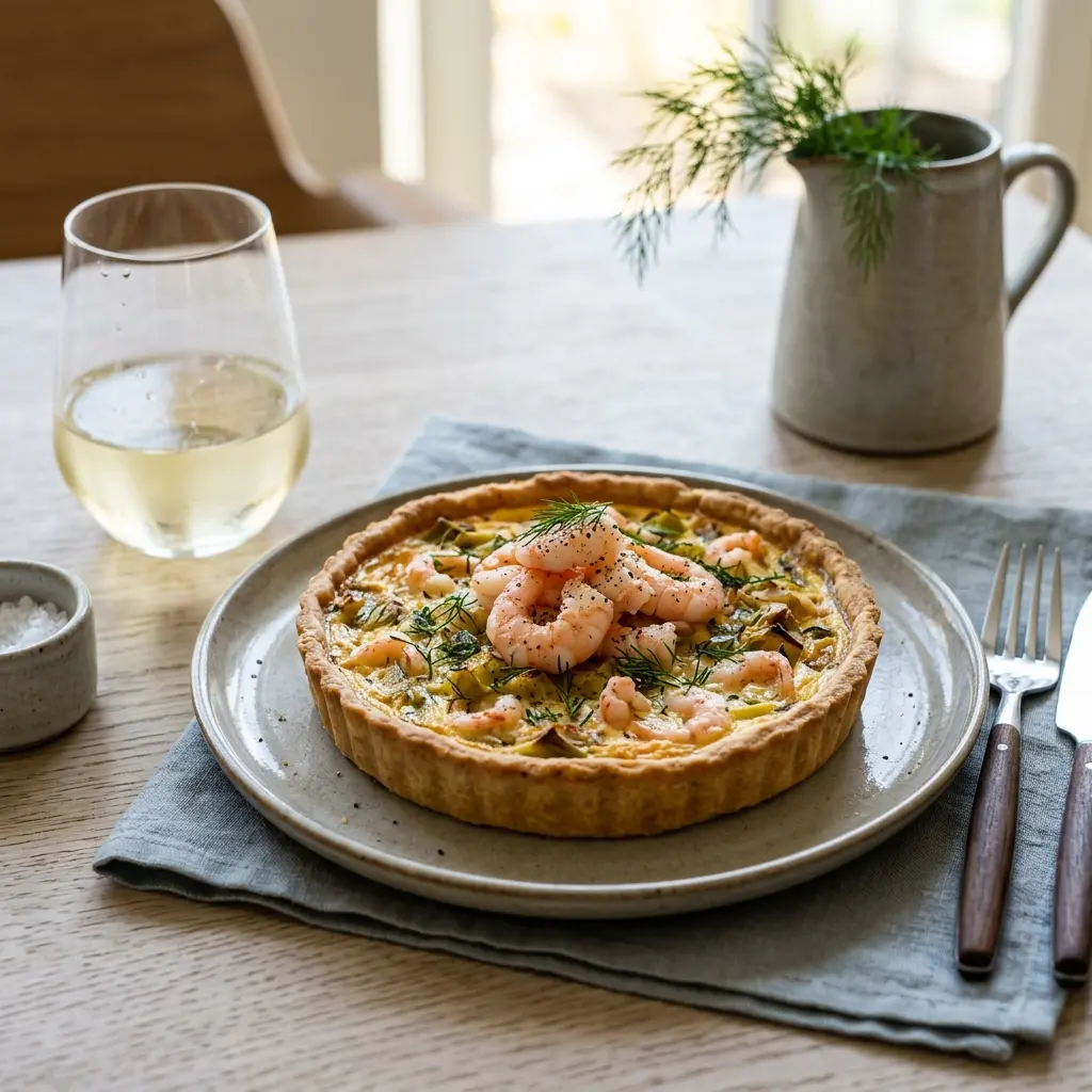 Hemlagad paj med räkor och purjolök serverad som en söt och inbjudande dessert