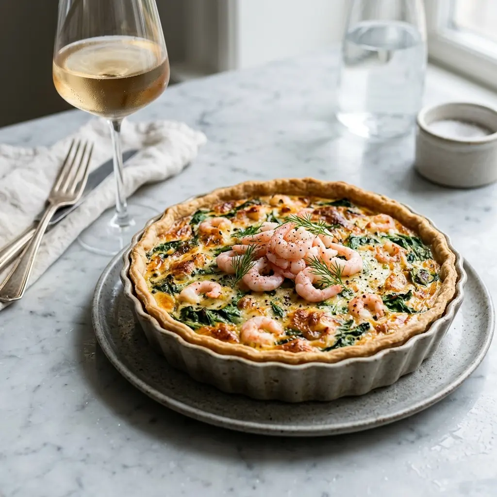 Hemlagad paj med räkor och spenat serverad som en söt och inbjudande dessert