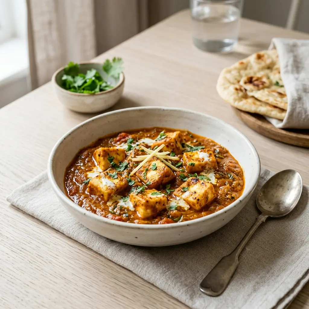 Nylagad paneer masala serverad på ett aptitligt och hemlagat sätt