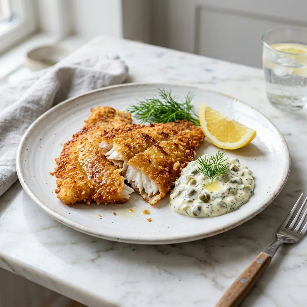 Nylagad panerad fiskfilé serverad på ett aptitligt och hemlagat sätt