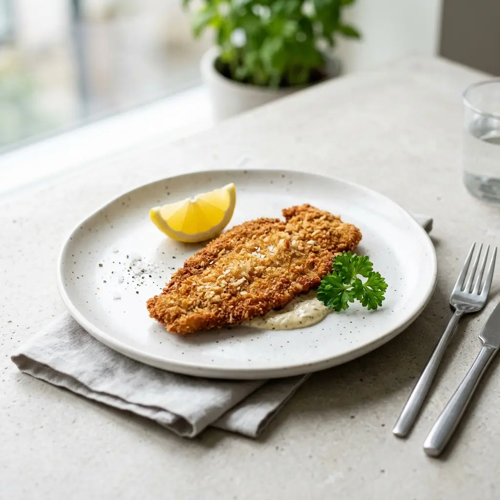 Nylagad panerad kalvschnitzel serverad på ett aptitligt och hemlagat sätt