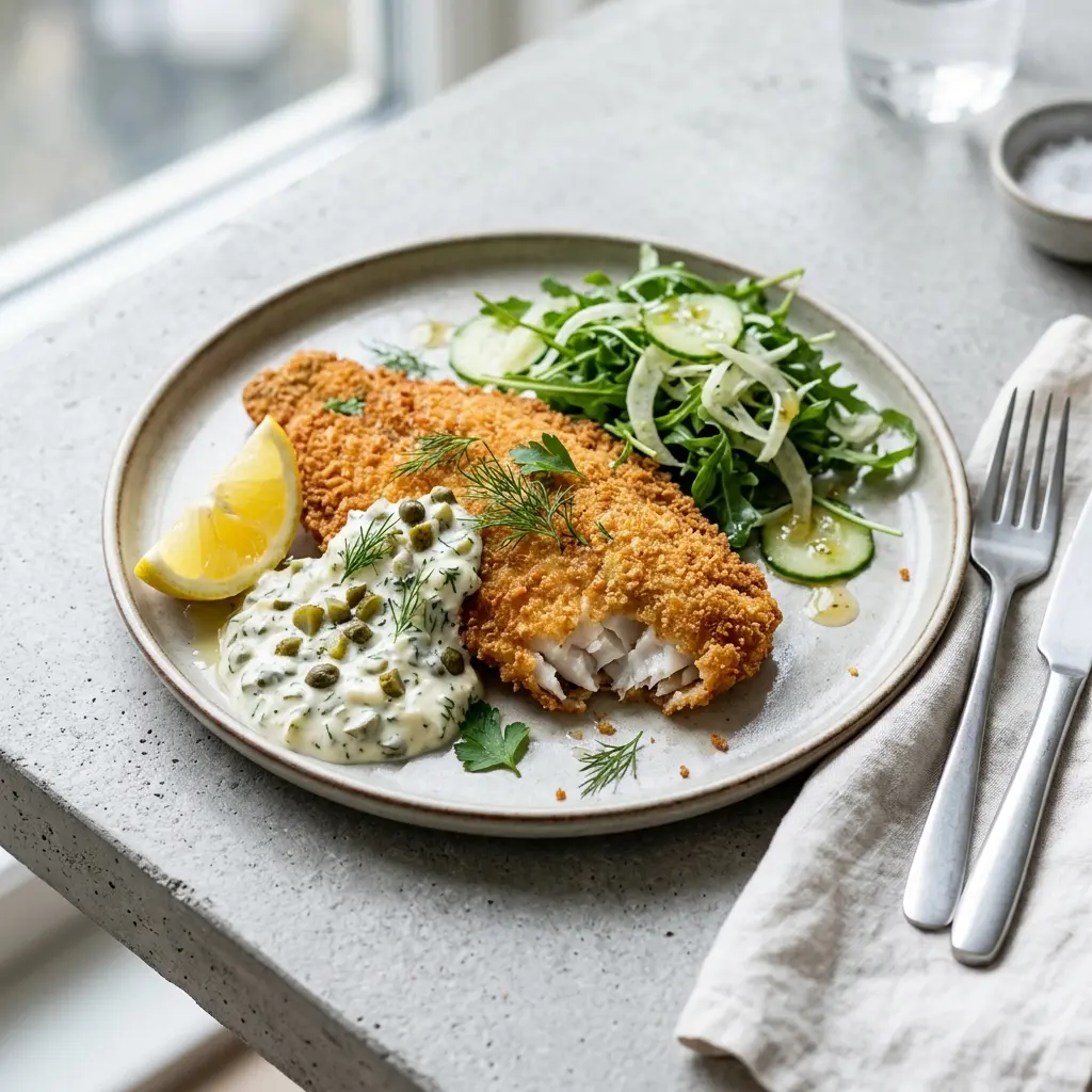 Nylagad panerad rödspättafilé serverad på ett aptitligt och hemlagat sätt