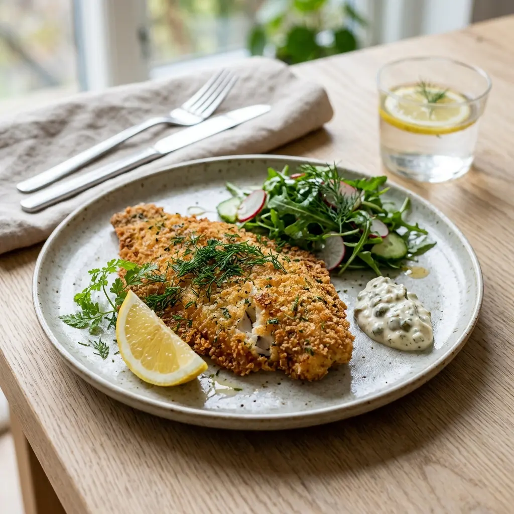 Nylagad panerad sandskädda serverad på ett aptitligt och hemlagat sätt
