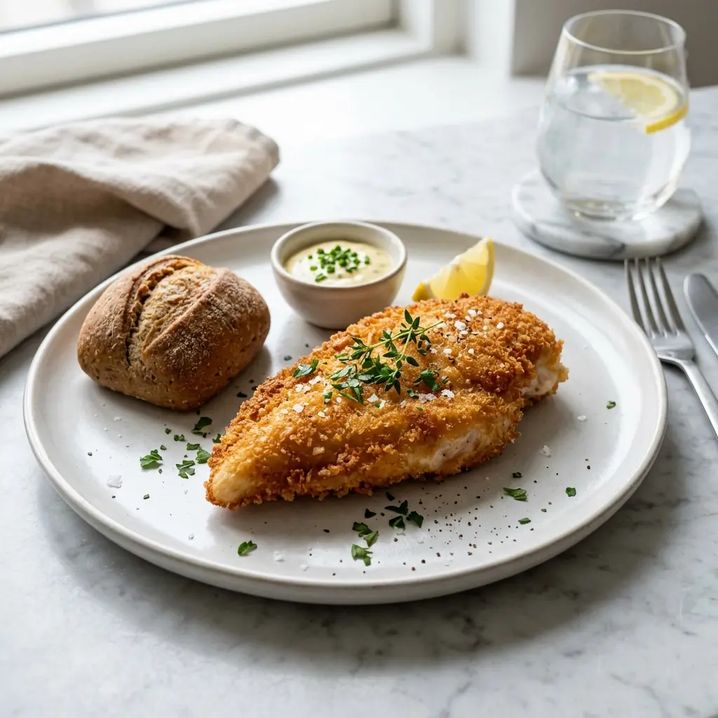 Nylagad panerat kycklingbröst serverad på ett aptitligt och hemlagat sätt