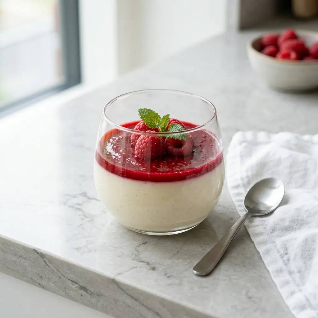 Nylagad panna cotta med hallon serverad på ett aptitligt och hemlagat sätt