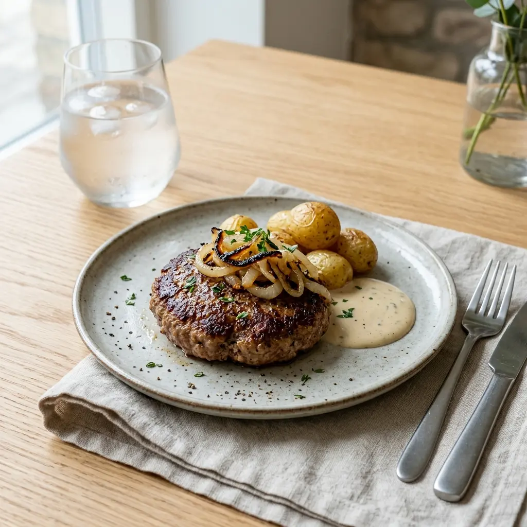 Ett glas pannbiff i stekpanna serverat kallt och fräscht med enkel garnering