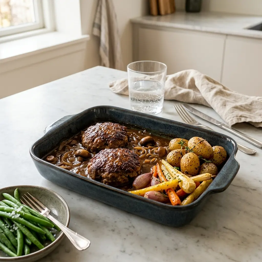 Nylagad pannbiff i ugn serverad på ett aptitligt och hemlagat sätt