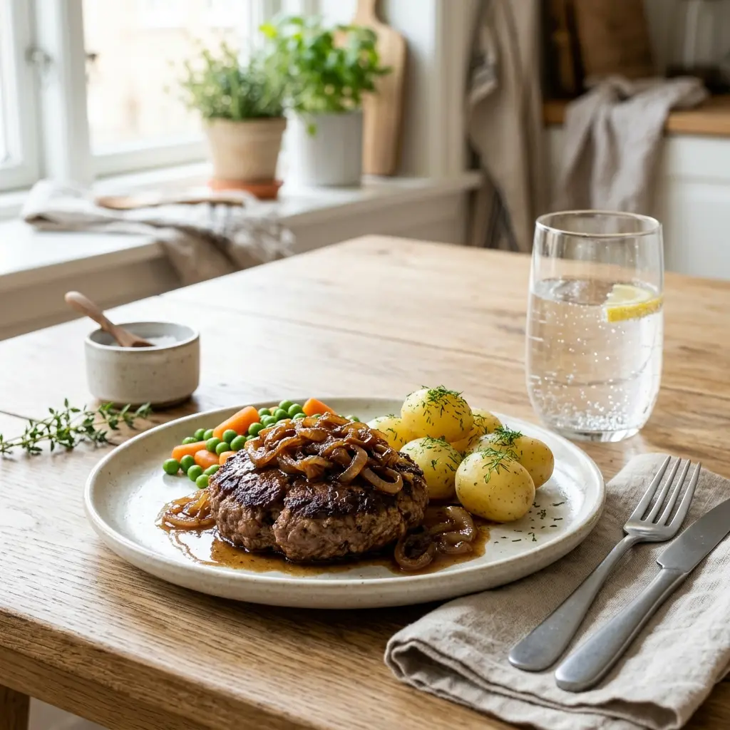 Nylagad pannbiff med lök serverad på ett aptitligt och hemlagat sätt