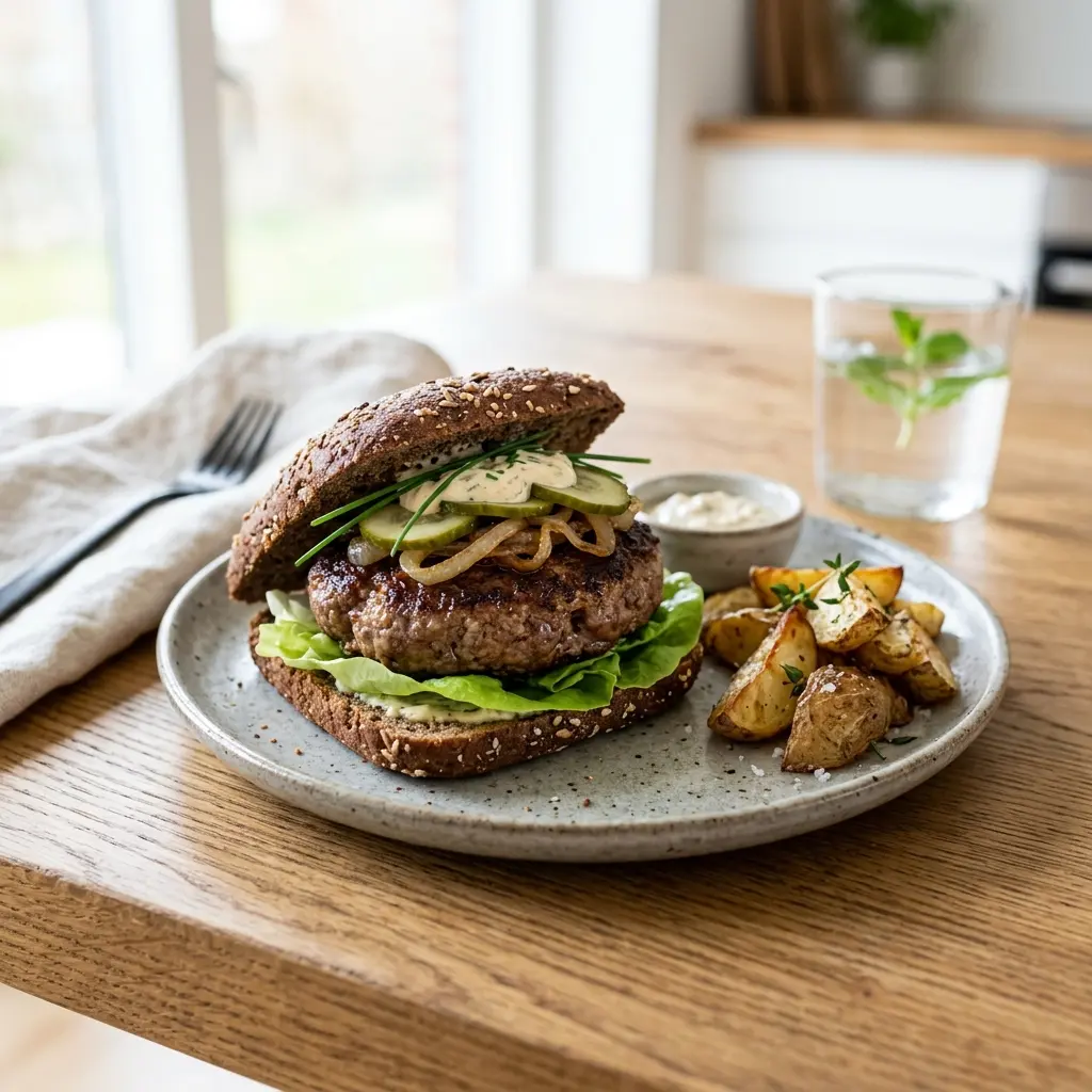 Nylagad pannbiffsmacka serverad på ett aptitligt och hemlagat sätt